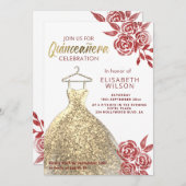 赤いバラの金ゴールドシークインズドレスキンセアニラ 招待状 (正面/裏面)