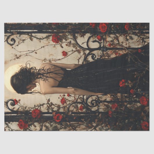 赤いバラの間に黒いドレスを着たゴシック風の女性 薄葉紙 (正面)