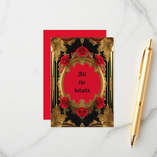 赤いバラの黄金の枠、ゴシック結婚の エンクロージャーカード (正面/裏面インサイチュ)