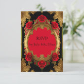 赤いバラの黄金の枠、ゴシック結婚の 出欠カード (スタンド正面)