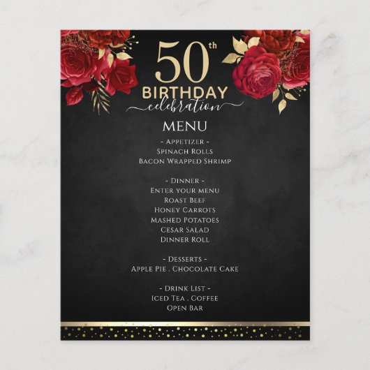 赤いバラの50歳の誕生日お祝いメニュー (正面)