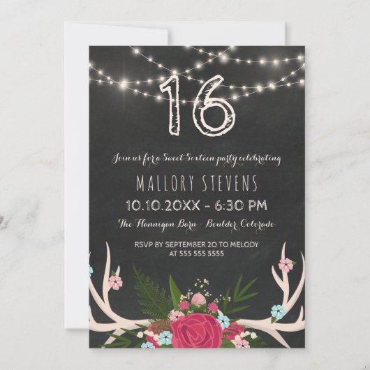 赤いバラの(雄ジカの)枝角-素朴なSweet sixteen 招待状 (正面)