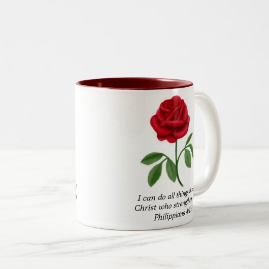 赤いバラのPhilippiansの4:13の聖書の聖なる書物、経典のマグ ツートーンマグカップ (正面右)