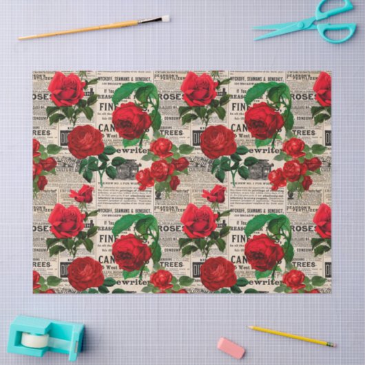 赤いバラをヴィンテージ新聞社のデクページ 薄葉紙 (クラフト)