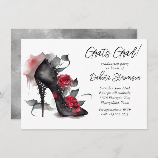 赤いバラを使ったゴシック様式のファッションのスタイレット卒業 招待状 (正面/裏面)