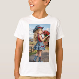 赤いバラを持ったキュートなカウガール キッズTシャツ Tシャツ