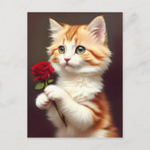 赤いバラを持つかわいい虎猫ジンジャー猫|過去記事 ポストカード (正面)