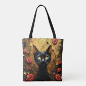 赤いバラを持つかわいい黒猫 トートバッグ (裏面)