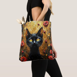 赤いバラを持つかわいい黒猫 トートバッグ