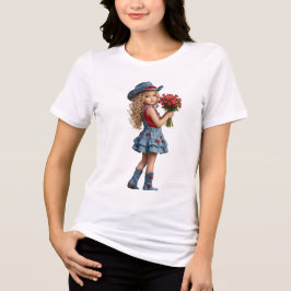赤いバラを持つキュートなカウガール 女性用Tシャツ トライブレンドTシャツ