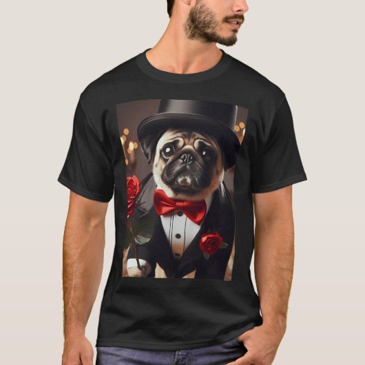 赤いバラを持つタキシード姿の悲しそうなパグ Tシャツ (正面)