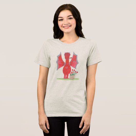 赤いバラを持つドラゴン トライブレンドTシャツ (正面全面)
