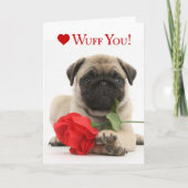 赤いバラを持つ愛らしいパグの子犬のバレンタイン シーズンカード (正面)