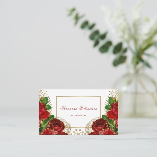 赤いバラエレガントス金ゴールドのカスタマイズ 名刺 (スタンド正面)