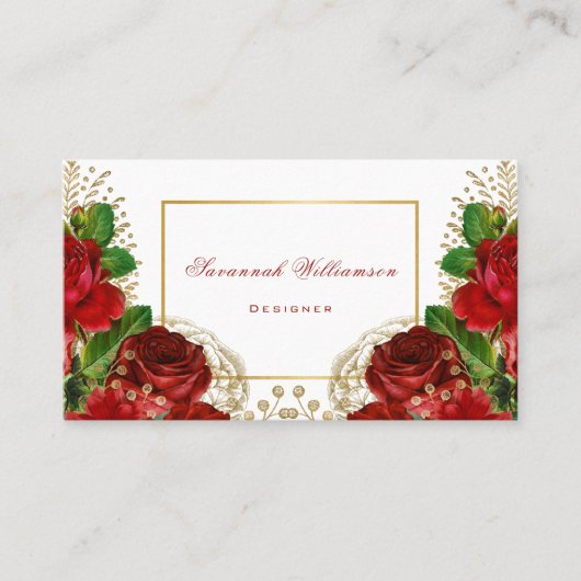 赤いバラエレガントス金ゴールドのカスタマイズ 名刺 (正面)