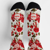 赤いバラエレガントズリボンがモノグラムを弓で引く ソックス (上部)