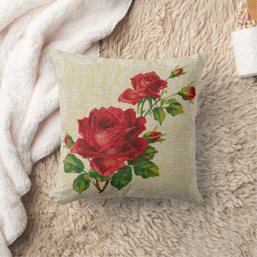 赤いバラ及びレースの花のヴィンテージの枕 クッション (ブランケット)