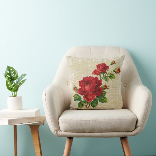 赤いバラ及びレースの花のヴィンテージの枕 クッション (椅子)