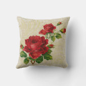 赤いバラ及びレースの花のヴィンテージの枕 クッション (裏面)