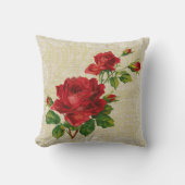 赤いバラ及びレースの花のヴィンテージの枕 クッション (正面)