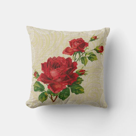 赤いバラ及びレースの花のヴィンテージの枕 クッション (正面)