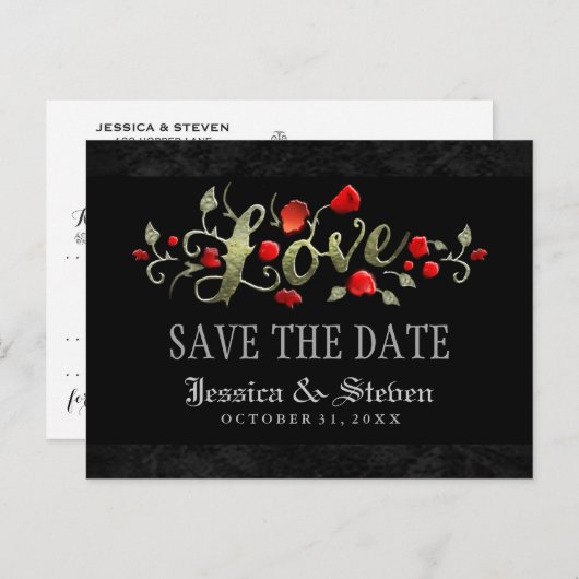 赤いバラ愛ハロウィーン結婚式の日付を保存 案内ポストカード (正面/裏面)