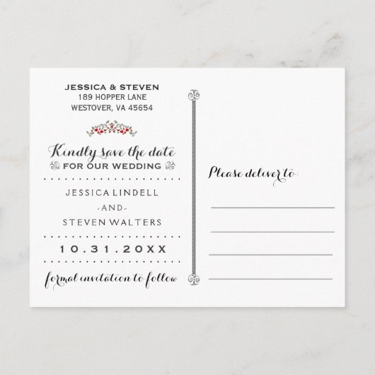 赤いバラ愛ハロウィーン結婚式の日付を保存 案内ポストカード (裏面)