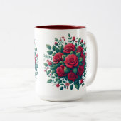赤いバラ模様の赤アクセント ツートーンマグカップ (正面右)