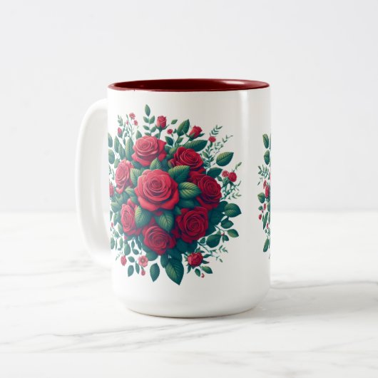 赤いバラ模様の赤アクセント ツートーンマグカップ (正面左)