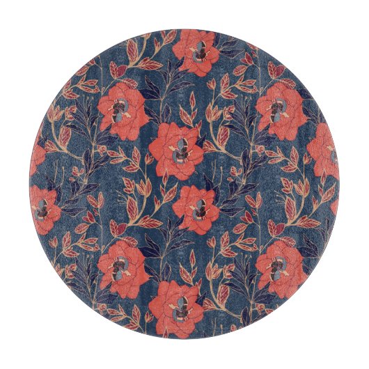 赤いバラ牡丹ダークバックグラウンド カッティングボード (正面)