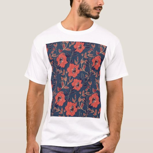 赤いバラ牡丹ダークバックグラウンド Tシャツ (正面)