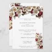 赤いバラ白いハナミズキの花、エレガントな結婚式 招待状 (正面/裏面)