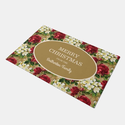 赤いバラ白いライリーメリークリスマスファミリー名 ドアマット (アングル)