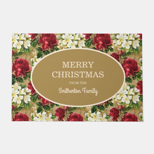 赤いバラ白いライリーメリークリスマスファミリー名 ドアマット (正面)