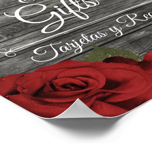 赤いバラ素朴ズブラックレースウェディングカードサイン ポスター (角)