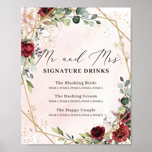 赤いバラ結婚のミスターとミセスのシグネチャードリンクの看板 ポスター (正面)