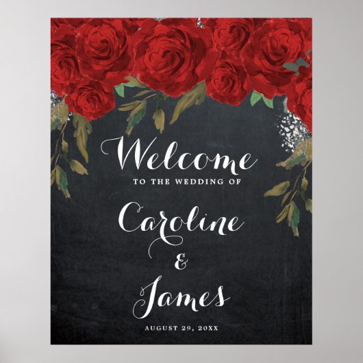 赤いバラ結婚の歓迎披露宴の看板 ポスター (正面)