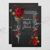 赤いバラ華美ズブラック結婚ゴシック 招待状 (正面/裏面)