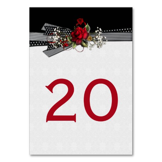 赤いバラ赤ちゃんの息の黒いリボンのテーブルカード テーブルナンバー (正面)