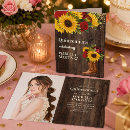 赤いバラ ひまわり カウガールブーツ Quinceanera カード