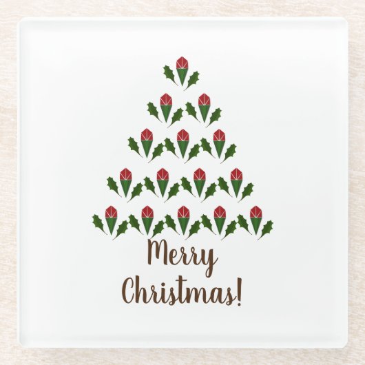 赤いバラ&グリーンホリークリスマスツリークリスマス ガラスコースター (正面)