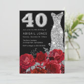 赤いバラ シルバー ダイヤモンド ドレス ブラック 40歳の誕生日 招待状 (スタンド正面)