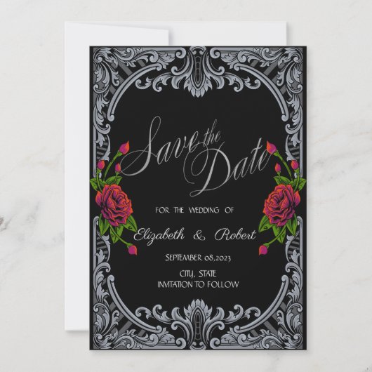 赤いバラ、ストライプゴシックの日付を保存 セーブザデート (正面)