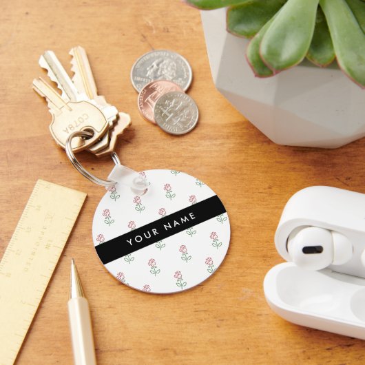 赤いバラ、バラのパターン、あなたの名前 キーホルダー (デスク)