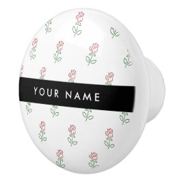 赤いバラ、バラのパターン、あなたの名前 セラミックノブ