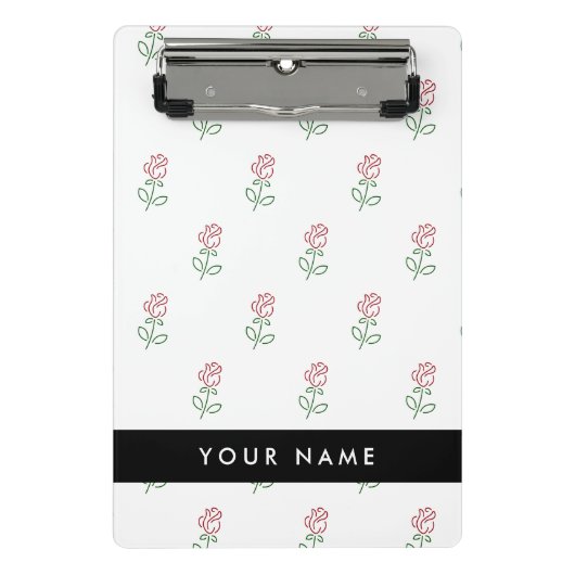 赤いバラ、バラのパターン、あなたの名前 ミニクリップボード (正面)
