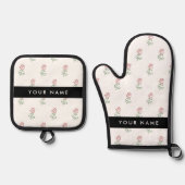 赤いバラ、バラのパターン、あなたの名前 鍋つかみ&鍋敷きセット (正面)