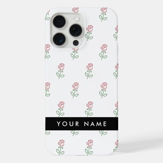 赤いバラ、バラの模様、あなたの名前 iPhoneケース (裏面)