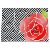 赤いバラ ブラック ホワイト ストライプ ラージペーパーバッグ (正面)