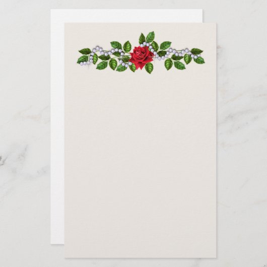 赤いバラ、真珠と離れの文具 便箋 (正面/裏面)